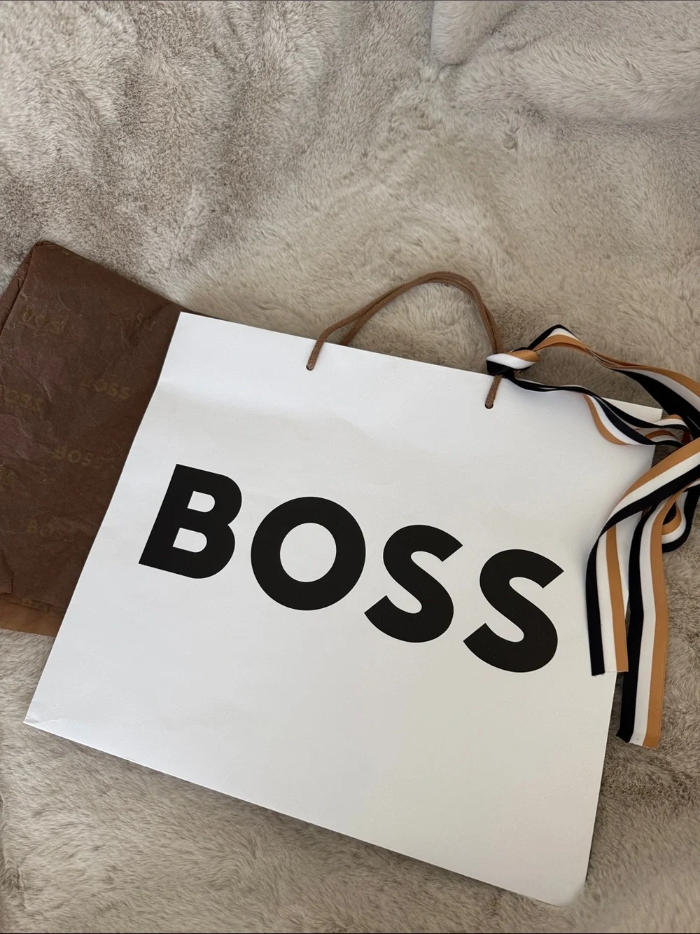 Boss White Paper Shopping Bag with Black Logo and Brown Handles